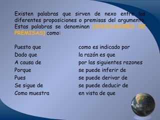 Existen palabras que sirven de nexo entre las
diferentes proposiciones o premisas del argumento.
Estas palabras se denominan [INDICADORES DE
PREMISAS] como:
Puesto que
Dado que
A causa de
Porque
Pues
Se sigue de
Como muestra

como es indicado por
la razón es que
por las siguientes razones
se puede inferir de
se puede derivar de
se puede deducir de
en vista de que

 