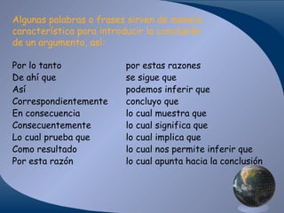 Algunas palabras o frases sirven de manera
característica para introducir la conclusión
de un argumento, así:
Por lo tanto
De ahí que
Así
Correspondientemente
En consecuencia
Consecuentemente
Lo cual prueba que
Como resultado
Por esta razón

por estas razones
se sigue que
podemos inferir que
concluyo que
lo cual muestra que
lo cual significa que
lo cual implica que
lo cual nos permite inferir que
lo cual apunta hacia la conclusión

 