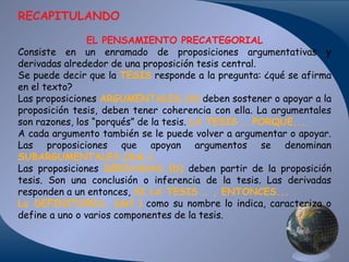 RECAPITULANDO
EL PENSAMIENTO PRECATEGORIAL
Consiste en un enramado de proposiciones argumentativas y
derivadas alrededor de una proposición tesis central.
Se puede decir que la TESIS responde a la pregunta: ¿qué se afirma
en el texto?
Las proposiciones ARGUMENTALES (A) deben sostener o apoyar a la
proposición tesis, deben tener coherencia con ella. La argumentales
son razones, los “porqués” de la tesis. LA TESIS … PORQUE...
A cada argumento también se le puede volver a argumentar o apoyar.
Las proposiciones que apoyan argumentos se denominan
SUBARGUMENTALES (Sub.).
Las proposiciones DERIVADAS (D) deben partir de la proposición
tesis. Son una conclusión o inferencia de la tesis. Las derivadas
responden a un entonces, SI LA TESIS … , ENTONCES...
La DEFINITORIA, (def.) como su nombre lo indica, caracteriza o
define a uno o varios componentes de la tesis.

 