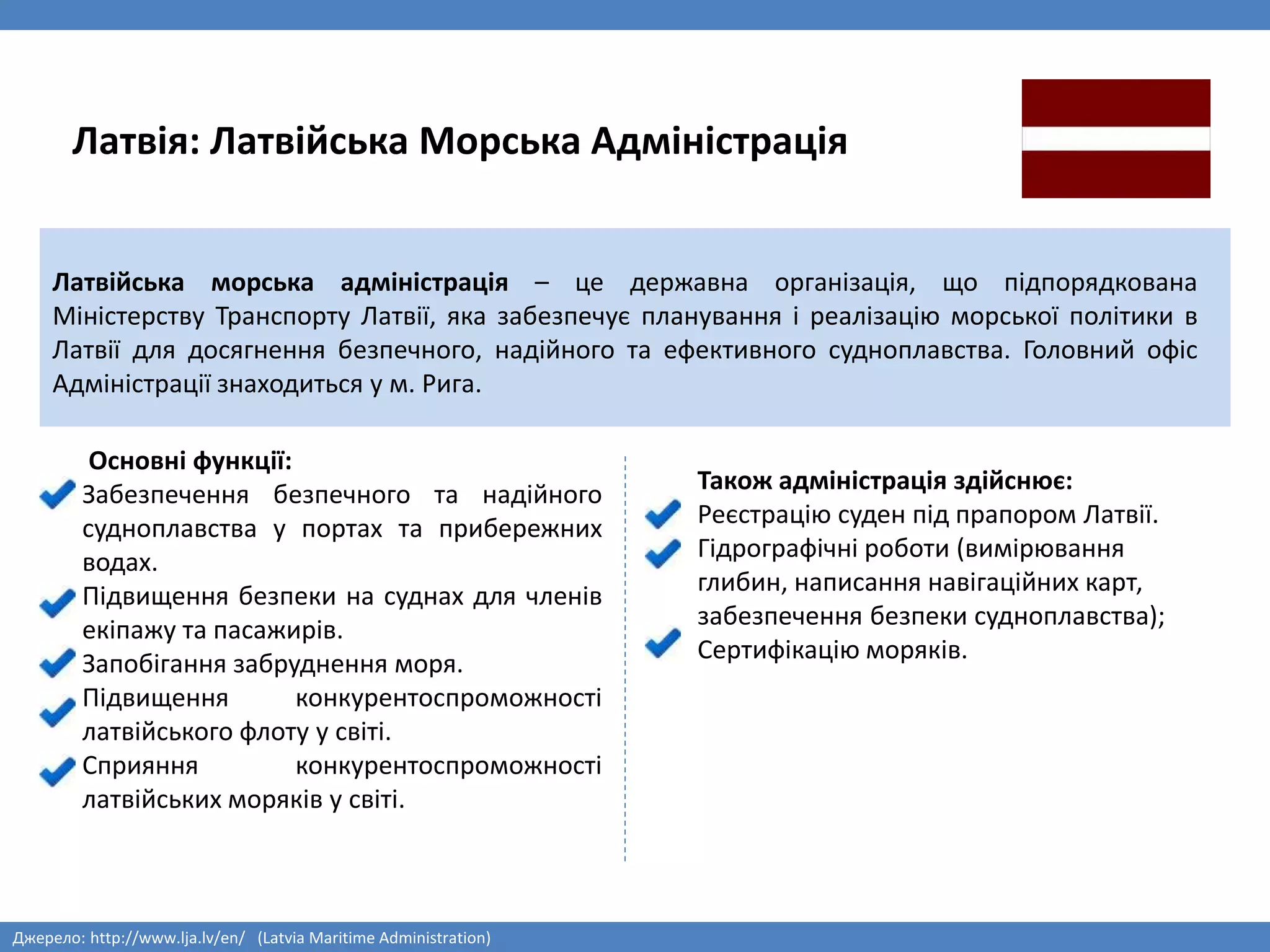 Латвія: Латвійська Морська Адміністрація
Джерело: http://www.lja.lv/en/ (Latvia Maritime Administration)
Латвійська морська адміністрація – це державна організація, що підпорядкована
Міністерству Транспорту Латвії, яка забезпечує планування і реалізацію морської політики в
Латвії для досягнення безпечного, надійного та ефективного судноплавства. Головний офіс
Адміністрації знаходиться у м. Рига.
Основні функції:
Забезпечення безпечного та надійного
судноплавства у портах та прибережних
водах.
Підвищення безпеки на суднах для членів
екіпажу та пасажирів.
Запобігання забруднення моря.
Підвищення конкурентоспроможності
латвійського флоту у світі.
Сприяння конкурентоспроможності
латвійських моряків у світі.
Також адміністрація здійснює:
Реєстрацію суден під прапором Латвії.
Гідрографічні роботи (вимірювання
глибин, написання навігаційних карт,
забезпечення безпеки судноплавства);
Сертифікацію моряків.
 