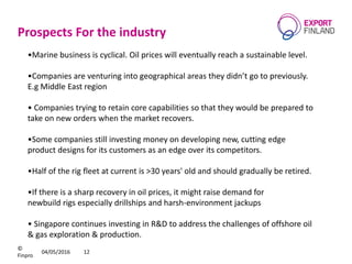 Prospects For the industry
04/05/2016 12
©
Finpro
•Marine business is cyclical. Oil prices will eventually reach a sustain...