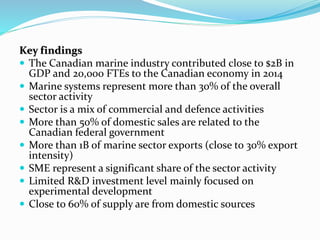 Key findings
 The Canadian marine industry contributed close to $2B in
GDP and 20,000 FTEs to the Canadian economy in 201...