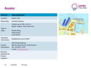 Assens
5/4/2016 © Finpro12
Web-site http://asyard.dk/
Location Assens, Fyn
Ownership Limited company
Type of
ships
2 docks up to 100 x 18,5 m
Repair: Engine, steel, electrical
Newbuilding
Superyacths
Local ferries
Company
information
Established around 1850
Contact
information
CEO Erling Pedersen
Søndre Havnevej 2A, 5610 Assesns
Теl: +45 6471 1134
E-mail: asv@asyard.dk
Business
potential for
Finnish
suppliers
 