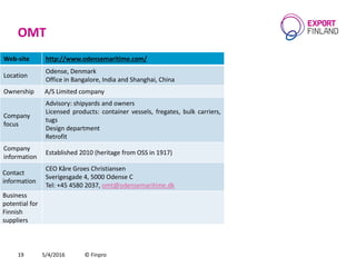 OMT
5/4/2016 © Finpro19
Web-site http://www.odensemaritime.com/
Location
Odense, Denmark
Office in Bangalore, India and Shanghai, China
Ownership A/S Limited company
Company
focus
Advisory: shipyards and owners
Licensed products: container vessels, fregates, bulk carriers,
tugs
Design department
Retrofit
Company
information
Established 2010 (heritage from OSS in 1917)
Contact
information
CEO Kåre Groes Christiansen
Sverigesgade 4, 5000 Odense C
Теl: +45 4580 2037, omt@odensemaritime.dk
Business
potential for
Finnish
suppliers
 