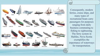 Consequently, modern
ferries, cruise ships, and
many types of
recreational boats carry
passengers for purposes
ranging from daily
business commuting to
fishing to sightseeing.
The ferry system in
Halifax, Nova Scotia
exemplifies the
importance of waterways
for transportation.
 