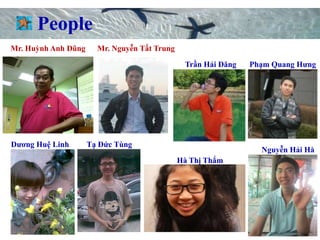 People
Mr. Huỳnh Anh Dũng     Mr. Nguyễn Tất Trung

                                               Trần Hải Đăng   Phạm Quang Hưng




Dương Huệ Linh       Tạ Đức Tùng
                                                                 Nguyễn Hải Hà
                                              Hà Thị Thắm
 