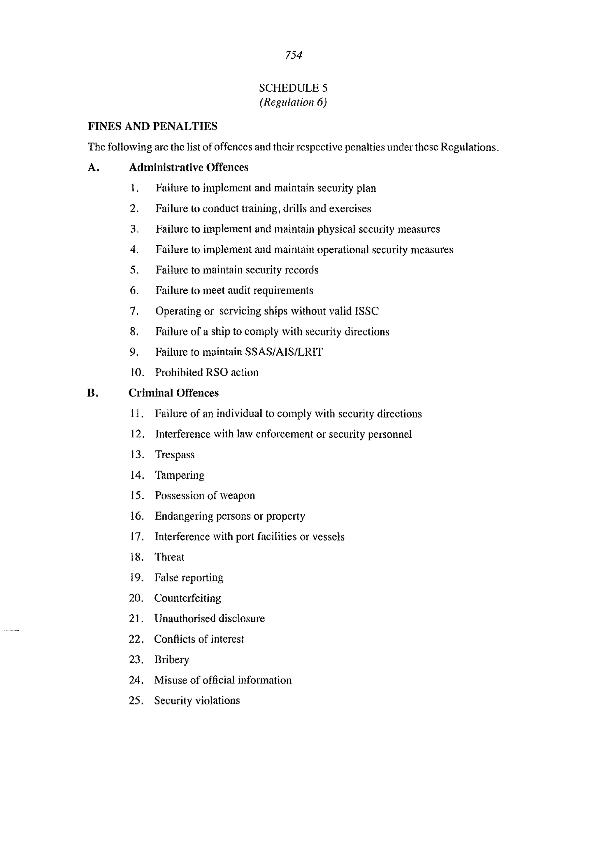 FINES AND PENALTIES
754
SCHEDULE 5
(Regulatioll 6)
The following are the list of offences and their respective penalties under these Regulations.
A. Administrative Offences
1. Failure to implement and maintain security plan
2. Failure to conduct training, drills and exercises
3, Failure to implement and maintain physical security measures
4. Failure to implement and maintain operational security measures
5. Failure to maintain security records
6. Failure to meet audit requirements
7. Operating or servicing ships without valid ISSC
8. Failure of a ship to comply with security directions
9. Failure to maintain SSAS/AISILRIT
10. Prohibited RSO action
B. Criminal Offences
11. Failure of an individual to comply with security directions
12. Interference with law enforcement or security personnel
13. Trespass
14. Tampering
15. Possession of weapon
16. Endangering persons or property
17. Interference with port facilities or vessels
18. Threat
19. False reporting
20. Counterfeiting
21. Unauthorised disclosure
22. Conflicts of interest
23. Bribery
24. Misuse of official information
25. Security violations
 