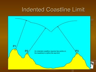 Grunt Productions 2007
Indented Coastline LimitIndented Coastline Limit
An indented coastline requires few points on
the baselines to define the sea limit.
P1
P2 P3
 