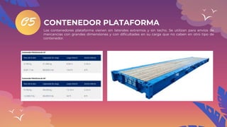 CONTENEDOR PLATAFORMA
05
Los contenedores plataforma vienen sin laterales extremos y sin techo. Se utilizan para envíos de
mercancías con grandes dimensiones y con dificultades en su carga que no caben en otro tipo de
contenedor.
 