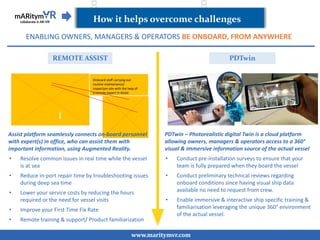 www.maritymvr.com
REMOTE ASSIST PDTwin
How it helps overcome challenges
ENABLING OWNERS, MANAGERS & OPERATORS BE ONBOARD, FROM ANYWHERE
Onboard staff carrying out
routine maintenance/
inspection site with the help of
a remote expert in Assist
Assist platform seamlessly connects on-board personnel
with expert(s) in office, who can assist them with
important information, using Augmented Reality.
• Resolve common issues in real time while the vessel
is at sea
• Reduce in-port repair time by troubleshooting issues
during deep sea time
• Lower your service costs by reducing the hours
required or the need for vessel visits
• Improve your First Time Fix Rate
• Remote training & support/ Product familiarization
PDTwin – Photorealistic digital Twin is a cloud platform
allowing owners, managers & operators access to a 360°
visual & immersive information source of the actual vessel
• Conduct pre-installation surveys to ensure that your
team is fully prepared when they board the vessel
• Conduct preliminary technical reviews regarding
onboard conditions since having visual ship data
available no need to request from crew.
• Enable immersive & interactive ship specific training &
familiarisation leveraging the unique 360° environment
of the actual vessel.
 