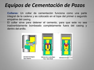 Collares: Un collar de cementación funciona como una parte
integral de la cadena y es colocado en el tope del primer o segundo
empalme del casing.
El collar sirve para detener el cemento, para que este no sea
inadvertidamente bombeado completamente fuera del casing y
dentro del anillo.
Equipos de Cementación de Pozos
 