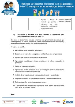 dispone a través de
internet y que permite y
promueve su uso,
adaptación, modificación
y/o personalización.
durante un proceso de
enseñanza aprendizaje.
iii) Principios y desafíos que debe abordar la educación para
adaptarse a la sociedad del siglo XXI.
Con base en los ejercicios previos, construya una aproximación conceptual que
permita perfilar 10 claves educativas para la implementación de tendencias y
enfoques innovadores en sus prácticas de enseñanza:
10 claves esenciales
1. Permanecer en el desarrollo pedagógico
2. Desarrollo de proyectos pedagógicos colaborativos por competencias
3. Aprendizaje vivencial basado en la experiencia
4. Aprendizaje invertido por videos consulta, en el aula y resolución de
problemas
5. Retos de manera colaborativa
6. Aprendizaje flexible enfocado en la opciones para evaluar al estudiante
de acuerdo a su ritmo de aprendizaje
7. Análisis de la experiencia, la praxis evidencia en la y aprendizaje.
8. La práctica docente se convierte en el hecho fundamental en el aula.
9. Relevancia en los contenidos que se enseñan.
10. Tiempo dedicado a monitorear y proponer en el aula a sus estudiantes
para llegar a una meta común.
Nota:
 