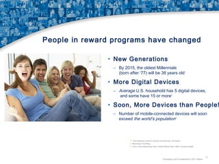 People in reward programs have changed
• New Generations
– By 2015, the oldest Millennials
(born after ‘77) will be 38 years old 1

• More Digital Devices
– Average U.S. household has 5 digital devices,
and some have 15 or more2

• Soon, More Devices than People!
– Number of mobile-connected devices will soon
exceed the world’s population3

1

Pew Research Center’s Internet and American Life Report

2 Bloomberg Tech Blog
3 Cisco Visual Networking Index: Global Mobile Data Traffic Forecast Update

Proprietary and Confidential © 2011 Maritz

17

 