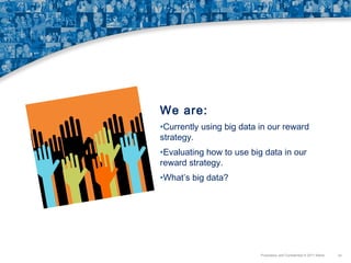 We are:
•Currently using big data in our reward
strategy.
•Evaluating how to use big data in our
reward strategy.
•What’s big data?

Proprietary and Confidential © 2011 Maritz

24

 