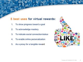 5 best uses for virtual rewards:
1.

To show progress toward a goal

2.

To acknowledge mastery

3.

To indicate social connection/status

4.

To enable online personalization

5.

As a proxy for a tangible reward

Proprietary and Confidential © 2011 Maritz

36

 
