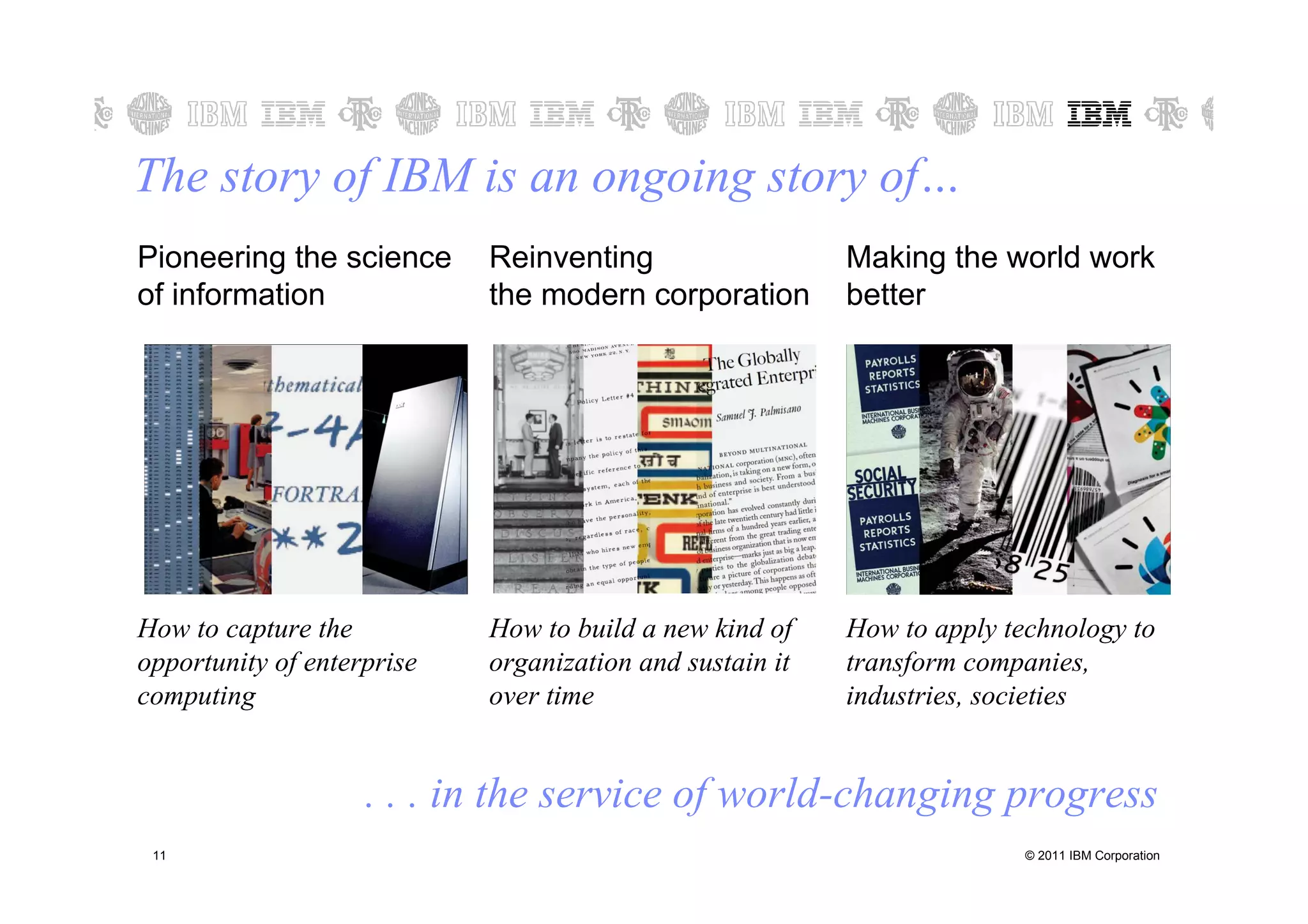 The story of IBM is an ongoing story of…
Pioneering the science      Reinventing                   Making the world work
of information              the modern corporation        better




How to capture the          How to build a new kind of    How to apply technology to
opportunity of enterprise   organization and sustain it   transform companies,
computing                   over time                     industries, societies


                    . . . in the service of world-changing progress
 11                                                                      © 2011 IBM Corporation
 