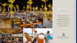 El lujo y confort de sus
instalaciones hacen de
MozzaMare Casual Beach
Gourmet el restaurante
perfecto para pasar el día y
la noche frente al mar.
 