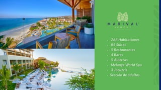 268 Habitaciones
85 Suites
5 Restaurantes
4 Bares
5 Albercas
Melange World Spa
3 Jacuzzis
Sección de adultos
·
·
·
·
·
·
·
·
 
