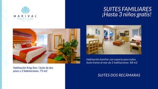 SUITES FAMILIARES
¡Hasta 3 niños gratis!
SUITES DOS RECÁMARAS
Habitación King Size / Suite de dos
pisos y 2 habitaciones, 75 m2
Habitación familiar con espacio para todos.
Suite frente al mar de 2 habitaciones 88 m2
 