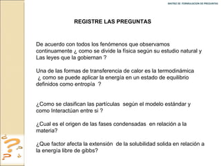 MATRIZ DE  FORMULACION DE PREGUNTAS  REGISTRE LAS PREGUNTAS De acuerdo con todos los fenómenos que observamos continuamente ¿ como se divide la física según su estudio natural y  Las leyes que la gobiernan ? Una de las formas de transferencia de calor es la termodinámica ¿ como se puede aplicar la energía en un estado de equilibrio definidos como entropía  ? ¿Como se clasifican las partículas  según el modelo estándar y como Interactúan entre si ? ¿Cual es el origen de las fases condensadas  en relación a la materia? ¿Que factor afecta la extensión  de la solubilidad solida en relación a la energía libre de gibbs? 