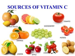 SOURCES OF VITAMIN C
CITRUS FRUITS
ORANGE
LEMON APPLE
CHERRIE
GOOSEBERRY
TOMATO
POTATO
 