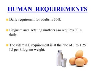 HUMAN REQUIREMENTS
Daily requiremnt for adults is 30IU.
Pregnent and lactating mothers aso requires 30IU
daily.
The vitamin E requirement is at the rate of 1 to 1.25
IU per kilogram weight.
 