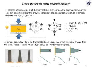 15
- Degree of displacement of the symmetric centers for positive and negative charges.
This can be controlled by the growth conditions and doping concentration of certain
dopants like Ti, Ba, Sr, Pb, Zr.
- Pb(ZrxTi1-xO3) – PZT
- Quartz
- BaSrTiO3
- ZnO
- Element geometry - beveled trapezoidal beams generate more electrical energy than
the strip shaped. The membrane type occupies an intermediate place.
Factors affecting the energy conversion efficiency
https://csclub.uwaterloo.ca/
Sensors 2014, 14
 