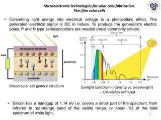 22
Microelectronic technologies for solar cells fabrication.
Thin film solar cells
• Converting light energy into electrical voltage is a photovoltaic effect. The
generated electrical signal is DC in nature. To produce the generator's electric
poles, P and N type semiconductors are needed (most commonly silicon).
Sunlight spectrum (intensity vs. wavelength)
– UV+visible+infrared
Silicon solar cell general structure
• Silicon has a bandgap of 1.14 eV i.e. covers a small part of the spectrum, from
infrared to red-orange band of the visible range, or about 1/3 of the total
spectrum of white light.
https://redlightman.com/
 