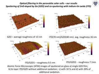 25
Optical filtering in the perovskite solar cells – our results
Sputtering of ZnO-doped by Ga (GZO) and co-sputtering with indium-tin oxide (ITO)
Atomic Force Microscopic (AFM) images of sputtered on glass a) single GZO film;
b) bi-layer ITO/GZO without additional oxidation; c) with 10 % and d) with 20% of
additional oxidation.
GZO – average roughness of 13 nm ITO(70 nm)/GZO(40 nm)- avg. roughness 16 nm
ITO/GZO1 – roughness 9.5 nm ITO/GZO2 - roughness 7.1nm
 