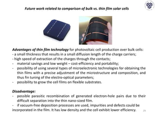 29
Future work related to comparison of bulk vs. thin film solar cells
Advantages of thin film technology for photovoltaic cell production over bulk cells:
- a small thickness that results in a small diffusion length of the charge carriers;
- high speed of extraction of the charges through the contacts;
- material savings and low weight – cost-efficiency and portability;
- possibility of using several types of microelectronic technologies for obtaining the
thin films with a precise adjustment of the microstructure and composition, and
thus fin tuning of the electro-optical parameters;
- possibility to grow the cell films on flexible substrates.
Disadvantage:
- possible parasitic recombination of generated electron-hole pairs due to their
difficult separation into the thin nano-sized film.
- if vacuum-free deposition processes are used, impurities and defects could be
incorporated in the film. It has low density and the cell exhibit lower efficiency.
 