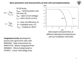 32
Volt-ampere characteristics at
different operational temperatures
and sun irradiation intensities
η – solar cell efficiency, %;
А – irradiated area, m2;
Popt – irradiance, W/m2
FF-fill factor;
PMPP – nominal power over
the load, W;
UOC – open circuit voltage;
ISC – short circuit current.
Integrated circuits developed to
process the signal from solar cells
BQ25504 - Texas Instruments Inc.
MAX17710 - Maxim Integrated Prod.
MAS6011 - Micro Analog Systems.
LTC4071 - Linear Technology Corp.
Basic parameters and characteristics of solar cells and implementation
 
