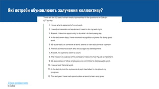 12 basic workplace needs
by Gallup
Які потреби обумовлюють залучення коллективу?
 