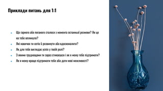 ● Що гарного або поганого сталося з момента останньої розмови? Як це
на тебе вплинуло?
● Які навички ти хотів б розвинути або вдосконалити?
● Як для тебе виглядає успіх у твоїй ролі?
● З якими труднощами ти зараз стикаєшся і як я можу тебе підтримати?
● Як я можу краще підтримати тебе або дати нові можливості?
Приклади питань для 1:1
 