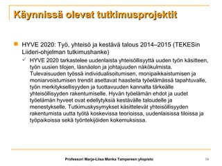 Käynnissä olevat tutkimusprojektitKäynnissä olevat tutkimusprojektit
 HYVE 2020: Työ, yhteisö ja kestävä talous 2014–2015 (TEKESin
Liideri-ohjelman tutkimushanke)
 HYVE 2020 tarkastelee uudenlaista yhteisöllisyyttä uuden työn käsitteen,
työn uusien tilojen, läsnäolon ja johtajuuden näkökulmista.
Tulevaisuuden työssä individualisoitumisen, monipaikkaistumisen ja
moniarvoistumisen trendit asettavat haasteita työelämässä tapahtuvalle,
työn merkityksellisyyden ja tuottavuuden kannalta tärkeälle
yhteisöllisyyden rakentumiselle. Hyvän työelämän ehdot ja uudet
työelämän hyveet ovat edellytyksiä kestävälle taloudelle ja
menestykselle. Tutkimuskysymykset käsittelevät yhteisöllisyyden
rakentumista uutta työtä koskevissa teorioissa, uudenlaisissa tiloissa ja
työpaikoissa sekä työntekijöiden kokemuksissa.
Professori Marja-Liisa Manka Tampereen yliopisto 14
 