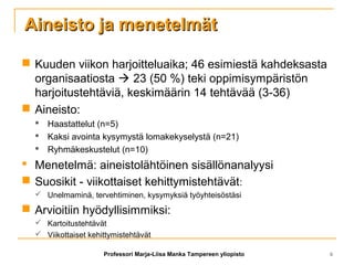 Aineisto ja menetelmätAineisto ja menetelmät
 Kuuden viikon harjoitteluaika; 46 esimiestä kahdeksasta
organisaatiosta  23 (50 %) teki oppimisympäristön
harjoitustehtäviä, keskimäärin 14 tehtävää (3-36)
 Aineisto:
 Haastattelut (n=5)
 Kaksi avointa kysymystä lomakekyselystä (n=21)
 Ryhmäkeskustelut (n=10)
 Menetelmä: aineistolähtöinen sisällönanalyysi
 Suosikit - viikottaiset kehittymistehtävät:
 Unelmaminä, tervehtiminen, kysymyksiä työyhteisöstäsi
 Arvioitiin hyödyllisimmiksi:
 Kartoitustehtävät
 Viikottaiset kehittymistehtävät
Professori Marja-Liisa Manka Tampereen yliopisto 6
 