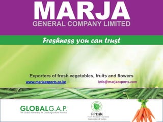 MARJAGENERAL COMPANY LIMITED
Exporters of fresh vegetables, fruits and flowers
Freshness you can trust
www.marjaexports.co.ke info@marjaexports.com
 