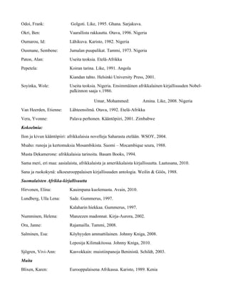 Odoi, Frank:                Golgoti. Like, 1995. Ghana. Sarjakuva.
Okri, Ben:                  Vaarallista rakkautta. Otava, 1996. Nigeria
Oumarou, Id:                Lähikuva. Karisto, 1982. Nigeria
Ousmane, Sembene:           Jumalan puupalikat. Tammi, 1973. Nigeria
Paton, Alan:                Useita teoksia. Etelä-Afrikka
Pepetela:                   Koiran tarina. Like, 1991. Angola
                            Kiandan tahto. Helsinki University Press, 2001.
Soyinka, Wole:              Useita teoksia. Nigeria. Ensimmäinen afrikkalainen kirjallisuuden Nobel-
                            palkinnon saaja v.1986.

                                          Umar, Mohammed:             Amina. Like, 2008. Nigeria
Van Heerden, Etienne:       Lähteensilmä. Otava, 1992. Etelä-Afrikka
Vera, Yvonne:               Palava perhonen. Kääntöpiiri, 2001. Zimbabwe
Kokoelmia:
Ilon ja kivun kääntöpiiri: afrikkalaisia novelleja Saharasta etelään. WSOY, 2004.
Msaho: runoja ja kertomuksia Mosambikista. Suomi – Mocambique seura, 1988.
Musta Dekamerone: afrikkalaisia tarinoita. Basam Books, 1994.
Sama meri, eri maa: aasialaista, afrikkalaista ja amerikkalaista kirjallisuutta. Laatusana, 2010.
Sana ja ruokokynä: ulkoeurooppalaisen kirjallisuuden antologia. Weilin & Göös, 1988.
Suomalaisten Afrikka-kirjallisuutta
Hirvonen, Elina:            Kauimpana kuolemasta. Avain, 2010.
Lundberg, Ulla Lena:        Sade. Gummerus, 1997.
                            Kalaharin hiekkaa. Gummerus, 1997.
Numminen, Helena:           Manzezen madonnat. Kirja-Aurora, 2002.
Ora, Janne:                 Rajamailla. Tammi, 2008.
Salminen, Esa:              Köyhyyden ammattilainen. Johnny Kniga, 2008.
                            Leposija Kilimakitossa. Johnny Kniga, 2010.
Sjögren, Vivi-Ann:          Kasvokkain: muistiinpanoja Beninistä. Schildt, 2003.
Muita
Blixen, Karen:              Eurooppalaisena Afrikassa. Karisto, 1989. Kenia
 