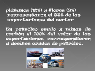 plátanos (12%) y flores (9%)
 representaron el 95% de las
 exportaciones del sector

En petróleo crudo y minas de
carbón el 100% del valor de las
exportaciones correspondieron
a aceites crudos de petróleo.
 