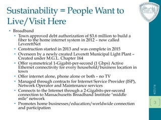 Sustainability = People Want to
Live/Visit Here
•  Broadband
•  Town approved debt authorization of $3.6 million to build a
fiber to the home internet system in 2012 – now called
LeverettNet
•  Construction started in 2013 and was complete in 2015
•  Overseen by a newly created Leverett Municipal Light Plant –
Created under M.G.L. Chapter 164
•  Offer symmetrical 1-Gigabit-per-second (1 Gbps) Active
Ethernet connectivity for every household/business location in
town
•  Offer internet alone, phone alone or both – no TV
•  Managed through contracts for Internet Service Provider (ISP),
Network Operator and Maintenance services
•  Connects to the Internet through a 2-Gigabits-per-second
connection to Massachusetts Broadband Institute "middle
mile" network 
•  Promotes home businesses/education/worldwide connection
and participation
4/21/16
3
 