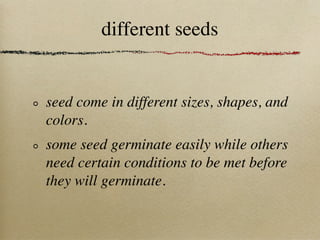 different seeds


seed come in different sizes, shapes, and
colors.
some seed germinate easily while others
need certain conditions to be met before
they will germinate.
 