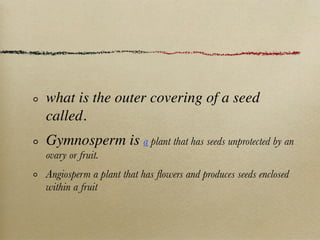 what is the outer covering of a seed
called.
Gymnosperm is a plant that has seeds unprotected by an
ovary or fruit.
Angiosperm a plant that has ﬂowers and produces seeds enclosed
within a fruit
 
