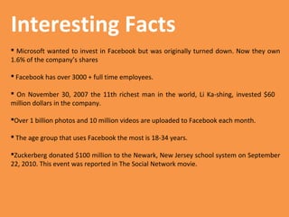 Interesting Facts
 Microsoft wanted to invest in Facebook but was originally turned down. Now they own
1.6% of the company’s shares
 Facebook has over 3000 + full time employees.
 On November 30, 2007 the 11th richest man in the world, Li Ka-shing, invested $60
million dollars in the company.
Over 1 billion photos and 10 million videos are uploaded to Facebook each month.
 The age group that uses Facebook the most is 18-34 years.
Zuckerberg donated $100 million to the Newark, New Jersey school system on September
22, 2010. This event was reported in The Social Network movie.

 