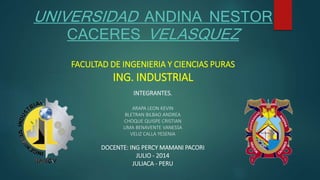 UNIVERSIDAD ANDINA NESTOR
CACERES VELASQUEZ
FACULTAD DE INGENIERIA Y CIENCIAS PURAS
ING. INDUSTRIAL
INTEGRANTES.
ARAPA LEON KEVIN
BLETRAN BILBAO ANDREA
CHOQUE QUISPE CRISTIAN
LIMA BENAVENTE VANESSA
VELIZ CALLA YESENIA
DOCENTE: ING PERCY MAMANI PACORI
JULIO - 2014
JULIACA - PERU
 