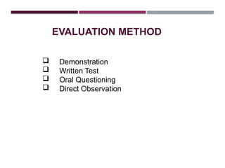 EVALUATION METHOD
 Demonstration
 Written Test
 Oral Questioning
 Direct Observation
 