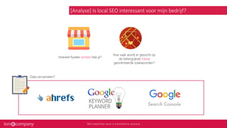 [Analyse] Is local SEO interessant voor mijn bedrijf?
Hoeveel fysieke winkels heb je?
Hoe vaak wordt er gezocht op
de belangrijkste lokaal
georiënteerde zoekwoorden?
Data verzamelen?
 