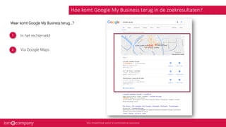 Hoe komt Google My Business terug in de zoekresultaten?
In het rechterveld
Waar komt Google My Business terug...?
Via Google Maps
 
