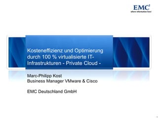 Marc-Philipp Kost Business Manager VMware & Cisco EMC Deutschland GmbH Kosteneffizienz und Optimierung durch 100 % virtualisierte IT-Infrastrukturen - Private Cloud - 