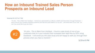 How an Inbound Trained Sales Person
Prospects an Inbound Lead
Voicemail #1 5/27 at 7 AM
“Hi John. This is Mark from HubSpot. I noticed you downloaded our eBook on B2B Lead Generation through Facebook. I
took a look at your company Facebook presence and had two quick ideas to run by you. I will email them to you now. Let
me if you would like to go over them.”

#2

“Hi John. This is Mark from HubSpot. I found a case study of one of you
customers that is in your industry that increased their lead flow by 50% using
Facebook. I will email you the case study and am happy to walk you through their
process when you have a moment.”
5/29 at 6 PM

 