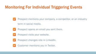 Monitoring For Individual Triggering Events
Prospect mentions your company, a competitor, or an industry
term in social media.
Prospect opens an email you sent them.
Prospect visits your website.
Prospect changes role in LinkedIn.
Customer mentions you in Twitter.

 