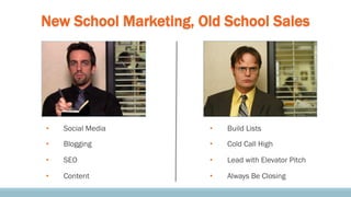 New School Marketing, Old School Sales

• 

Social Media

• 

Build Lists

• 

Blogging

• 

Cold Call High

• 

SEO

• 

Lead with Elevator Pitch

• 

Content

• 

Always Be Closing

 